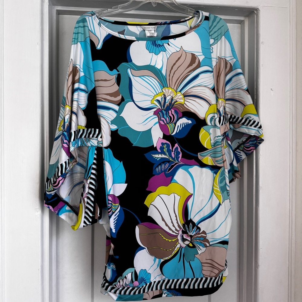 Trina Turk Floral Scoop Neck Coverup  in Black, Turquoise & White